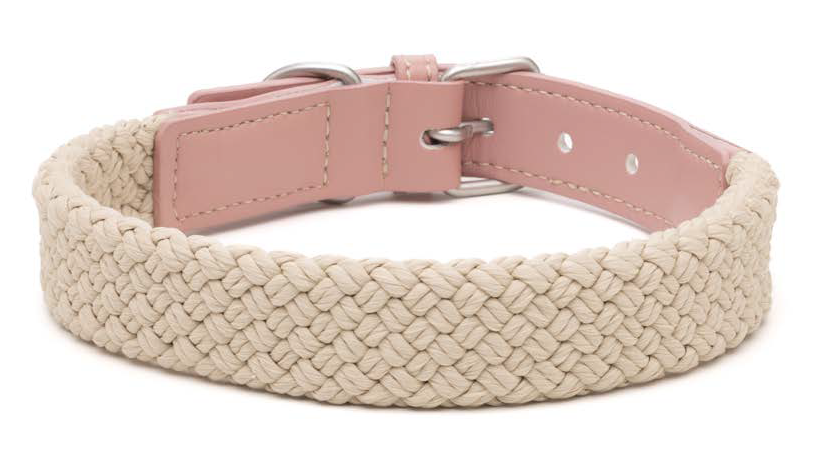 LEO PET COLLAR EN CUERDA PLANA Y CUERO ROSA CLARO 35X2.0CM 