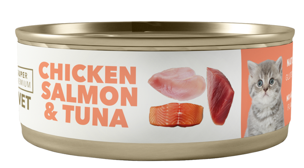 AMITY LATA LOW GRAIN CAT KITTEN POLLO, SALMÓN & ATÚN 100GR (24 UND.)
