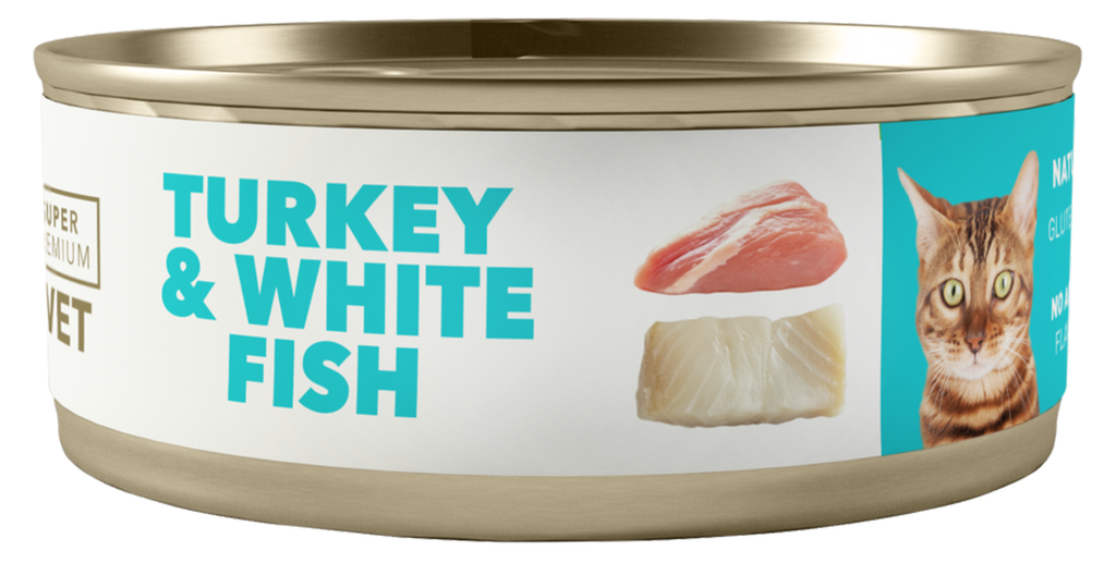 AMITY LATA LOW GRAIN CAT SENIOR PAVO & PESCADO BLANCO 100GR (24 UND.)