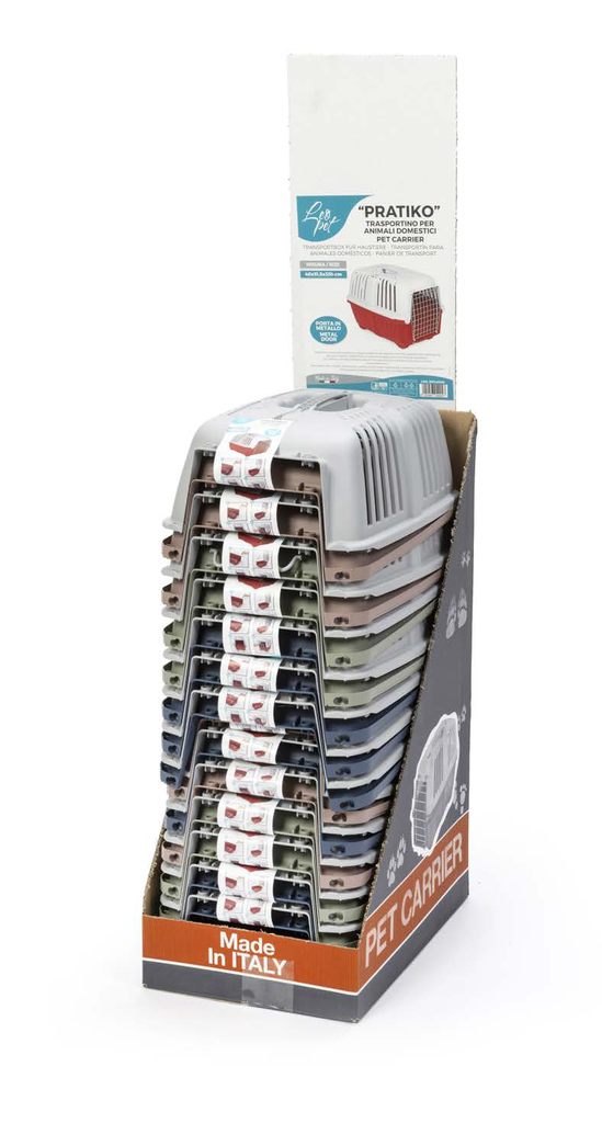 LEO PET EXPOSITOR GRANDE DE TRANSPORTIN "PRATIKO" CON PUERTA DE HIERRO 38X55X63CM 10 PIEZAS DE COLORES SURTIDOS