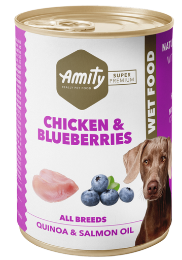 [31PE000400.002.0159] AMITY LATA LOW GRAIN DOG POLLO & ARÁNDANOS 400GR (24 UND.)